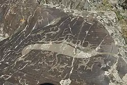 Ein Felsen mit Gravuren von Hirschen und Fabeltieren.