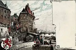 Am Kohlentor mit Haus Zum Drachenfels, Künstler-Postkarte Fritz von Wille (vor 1900)