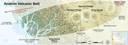Karte mit der Lage einer ost-west-ausgerichteten Zone untereinander verbundener Vulkane, die von der British Columbia Coast bis ins Interior reicht