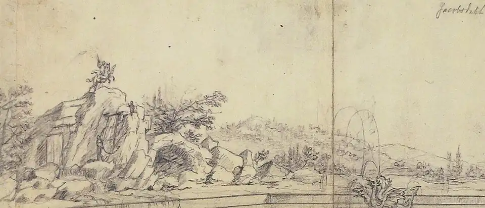 Zeichnung der Andromedaklippe (Schwedisch: Andromedaklippan) im Schlosspark von Ulriksdal (ca. 1664) für Erik Dahlbergs Buch Suecia antiqua et hodierna