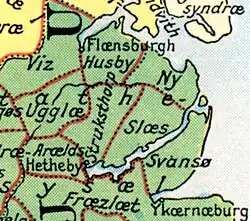 Karte Angelns mit der ursprünglichen Ausdehnung der Husbyharde, welche noch das Gebiet der Munkbrarupharde beinhaltete