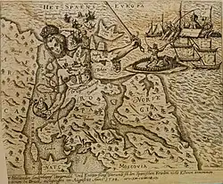 Anonym: Het Spaens Europa. Kupferstich, Radierung, 20,9 × 25,3 cm, In: Jacobus Francus: Historicae Relationis Continuatio. Warhafftige Beschreibunge aller gedenckwürdigen Historien. Wallstatt 1598, p. 118–120.[57][58]