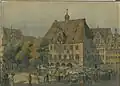 Heilbronner Rathaus, Farblithographie von Edmund Karl Ulmschneider, -Kunstmaler- (* 1. August 1881; † 11. Februar 1923) teilweise nach hinten geknickt, rechts.