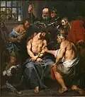 Innerhalb des quadratischen Gemäldes bilden die Personen einen Kreis. Anthony van Dyck: Dornenkrönung, 1618–1620.