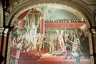 Krönung des Kurfürsten von Brandenburg Friedrich III. zum König in Preußen Friedrich I. (1701); Historien-Wandgemälde (zerstört) in der Ruhmeshalle Berlin