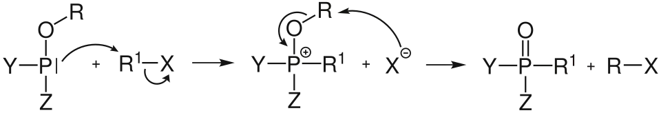 Mechanismus der Arbusow-Reaktion mit X = –Br, –I ; Y, Z = –O–R, –R