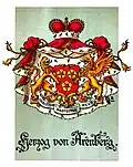 Drei goldene Mispelblüten mit roten Butzen im Wappen Haus Arenberg