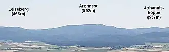 Das Arennest vom Christenberg im Burgwald aus; im Vordergrund die Wetschaft-Senke