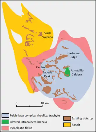 Diagramm mit der Lage von Gesteinsaufschlüssen und der geschätzten maximalen Ausdehnung einer geologischen Formation.