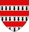 fascé de gueules et d’argent, chargé de ravelles de sable. (Das Wappen des Trencavel vor 1247).