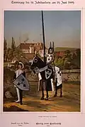 Eine Postkarte mit Arnold von der Decken 1889 als Knappe zu Fuß in einer Turniertracht des 14. Jahrhunderts