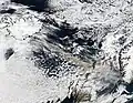 15.&nbsp;April 2010: Aschewolke der 2.&nbsp;Eruptionsphase über dem südl. Europäischen Nordmeer (NASA)