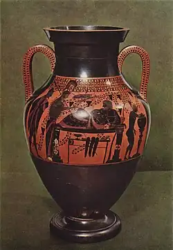 Bilingue Amphora: Herakles auf dem Ruhebett, schwarzfigurige Seite, München, Staatliche Antikensammlungen B 2301, um 520 v. Chr.