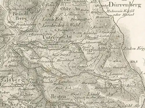 Oberau, Unterau und Resten auf einer Karte von 1826