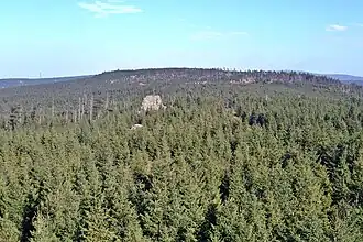 Blick vom Turm der Hanskühnenburg über die Waldlandschaft von Auf dem Acker vorbei an der Hanskühnenburgklippe in Richtung Nordosten; am Horizont sind der Fernmeldeturm an der Stieglitzecke (links) und der Brocken (rechts) zu erkennen