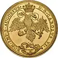 Freie Reichsstadt Augsburg, 12 Dukaten 1740, Vs.: Stadtpyr mit Flussgottheiten Lech, Wertach und Singold, Rs.: Doppeladler, Titel Kaiser Karls&nbsp;VI.[73]