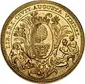 Freie Reichsstadt Augsburg, 12 Dukaten 1740, Vs.: Stadtpyr mit Flussgottheiten Lech, Wertach und Singold, Rs.: Doppeladler, Titel Kaiser Karls&nbsp;VI.[73]