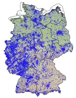 Verbreitung des Aurora-Falters in Deutschland nach Meldungen in Portal GBIF.org (blaue Kreise, Stand 10/2025); GBIF Occurrence Download https://doi.org/10.15468/dl.2vscxd