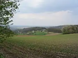 Von Böllstein (Wallbrunn) aus nach NW erblickt man über den Gneis-Hügeln des Schnellerts und der Reinheimer Bucht den Basalt-Roßberg. Links im Hintergrund sind auf der westlichen Gersprenzseite die Berge der Flasergranitoidzone (Steinkaute) zu sehen.
