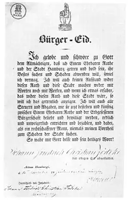 Bürgerbrief der Hamburger Bürgerschaft mit Schwurhand (1845)