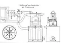 Patentzeichnung des Bürstenvergasers mit Vorwärmung, in Österreich 1887 patentiert. Auspuffgase wärmen das Benzin an, um Gemischabmagerungen durch Verdunstungskälte zu vermeiden. Die im „Benzintank“ rotierende Bürste versprüht den Treibstoff. Dieser Vergaser befindet sich auch im zweiten Marcus-Wagen.