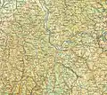 (1c) Nördliche Fortsetzung der Buntsandstein-Stufe: östlich des Ulfenbachtals (Wald-Michelbach&nbsp;-&nbsp;Aschbach&nbsp;-&nbsp;Wahlen&nbsp;-&nbsp;Gras-Ellenbach)&nbsp;-&nbsp;östlich Rohrbachs&nbsp;-&nbsp;westlich Kirch-Brombachs&nbsp;-&nbsp;Kinzig&nbsp;-&nbsp;Hummetroth&nbsp;-&nbsp;Bogen nördlich des Mümlingtals zum Spessart. (2a) Übergangszone zum östlichen bzw.&nbsp;südöstlichen Muschelkalkgebiet entlang der südlich-südwestlichen Linie Wertheim&nbsp;–&nbsp;Külsheim&nbsp;–&nbsp;Walldürn&nbsp;–&nbsp;Buchen. Weitere kartographische Darstellungen und Luftaufnahmen der Region:[41]