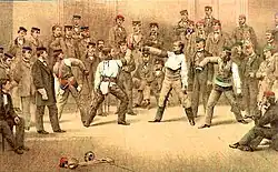 Kolorierte Lithographie einer Göttinger Mensur: Wilhelm Heinroth (links) c/a. Friedrich Bacmeister (1862)
