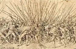 Landsknechte im Gefecht; Darstellung von Hans Holbein
