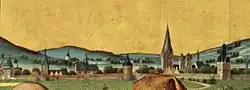Stadtsilhouette Dortmunds auf dem linken Flügel des Baegert-Retabels in der Propsteikirche. Zu erkennen sind im Bereich der Stadtmauer ganz links das Wißstraßentor in der Mitte der Reifschlägerturm und rechts das Neutor.
