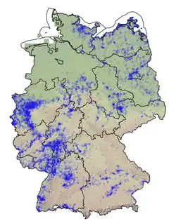 Verbreitung des Balkenschröters in Deutschland nach Meldungen im Portal GBIF.org (Stand 10/2025, GBIF Occurrence Download https://doi.org/10.15468/dl.9utpkf); Hintergrundkarte: Bundeslandgrenzen, Relief
