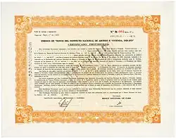 Vorläufiges Zertifikat für eine Anleihe der Banco Nacional de Cuba über 300.000 Pesos, ausgestellt in Havanna am 22. Januar 1960, im Original (rechts) unterschrieben von Ernesto „Che“ Guevara als Präsident der kubanischen Zentralbank. Die Anleihe war bestimmt für die Finanzierung der Nationalen Spar- und Wohnungsbaugesellschaft (INAV), zwischen 1959 und 1962 verantwortlich für einen großen Teil des staatlichen Wohnungsbaus in Kuba.