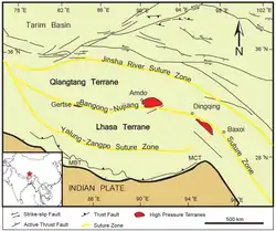 Tibetisches Hochland mit einigen Terranen und der Indus-Yarlung suture zone