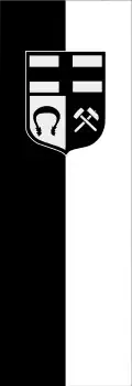 Banner mit Wappen auf längsgestreiftem schwarz-weißen Grund