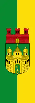 Banner mit Wappen auf längsgestreiftem grün-goldenen Grund