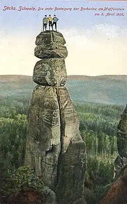 Historische Postkarte der Erstbesteigung der Barbarine, das angegebene Datum ist falsch, die Erstbesteigung fand bereits am 19.&nbsp;September 1905 statt