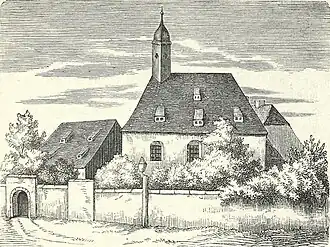 Stich der St.-Bartholomäus-Kirche mit angrenzendem Bartholomäus-Hospital in Dresden