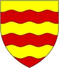 Links: Altes Wappen der Bassetts: „Sechs waagerechte Wellen gold und rot“. Dieses Wappen sieht man auf vier Grabplatten aus dem 17. Jahrhundert in der Kirche von Heanton Punchardon. Rechts Wappenschild auf einer Zinne oberhalb der Haupteingangshalle von Watermouth Castle mit dem Wappen der Bassetts, gerviert mit dem der Davies.