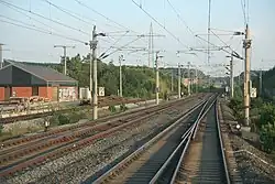 Stellwerk (links) und Schnell­fahr­weichen im Betriebs­bahnhof Rohrbach