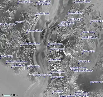Lage des Alice-Gletschers an der Westflanke des Beardmore-Gletschers (Satelliten-Aufnahme)