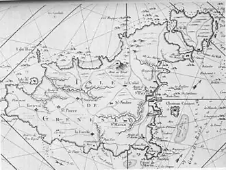 Die französische Karte von 1757 zeigt die Burg mit Insel als Chateau Cornet, die Stadt als St. Pierre und die Hauptinsel als Isle de Grenesey.