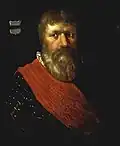Ölgemälde von Bernd von Hackfort (1475–1557) mit dem Stammwappen der Familie