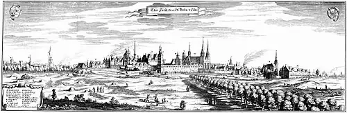 Panoramaansicht der Stadt als Kupferstich. Im Vordergrund sind auf den Feldern arbeitende Bauern und Zugtier. Die Stadt hat verschiedene Kirchen und Gebäuden mit alphabetischer Markierung, die unten links in einer Legende erläutert wird. Im Himmel ist ein Banner mit der Inschrift „Churfürstliche Residenzstadt Berlin und Cöln“. In der oberen linken Ecke der Zeichnung ist das Wappen von Berlin und in der oberen rechten Ecke ist das Wappen von Kölln.