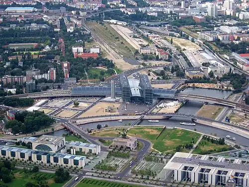 Der T-förmige Humboldthafen an der Eisenbahnbrücke zum westlich anschließenden Hauptbahnhof. Südlich liegen Kanzleramt (links) und Paul-Löbe-Haus (rechts).