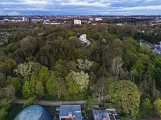 Luftaufnahme mit Planetarium im Vordergrund und Sternwarte in der Mitte