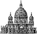 Aufriss der Westfassade mit hervorspringender Denkmalskirche (links) und Unterfahrt (rechts)