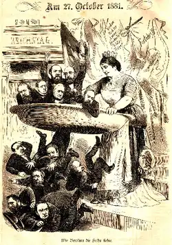 Wie Berolina die Sechs siebte: Anlässlich des Wahlsieges der Deutschen Fortschrittspartei über die Berliner Bewegung, Karikatur in der Ausgabe vom 2.&nbsp;November 1881