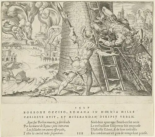 Charles von Bourbon fällt bei der Erstürmung Roms (Stich von Maarten van Heemskerck, 1527)
