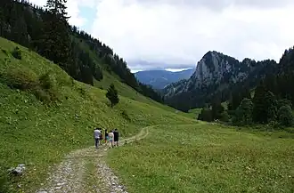 Blick vom Schreiberesattel ins Gesertobel und auf die Sienspitze