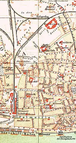 Lageplan mit den Abzweigungen nach Blankenese, nach Kiel und zur Verbindungsbahn (1890). Ausschnitt aus: Hamburg-Altona. Maßstab 1&nbsp;:&nbsp;17&nbsp;500.