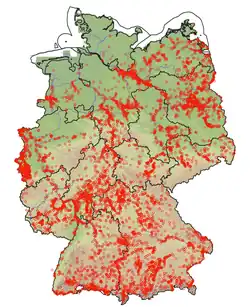 Nachweise von Castor fiber in Deutschland (Rote Punkte) nach Meldungen im Portal GBIF.org